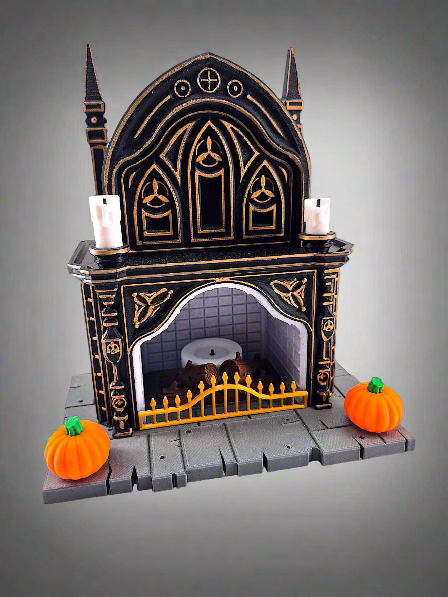 Gothic-style fireplace with pumpkins