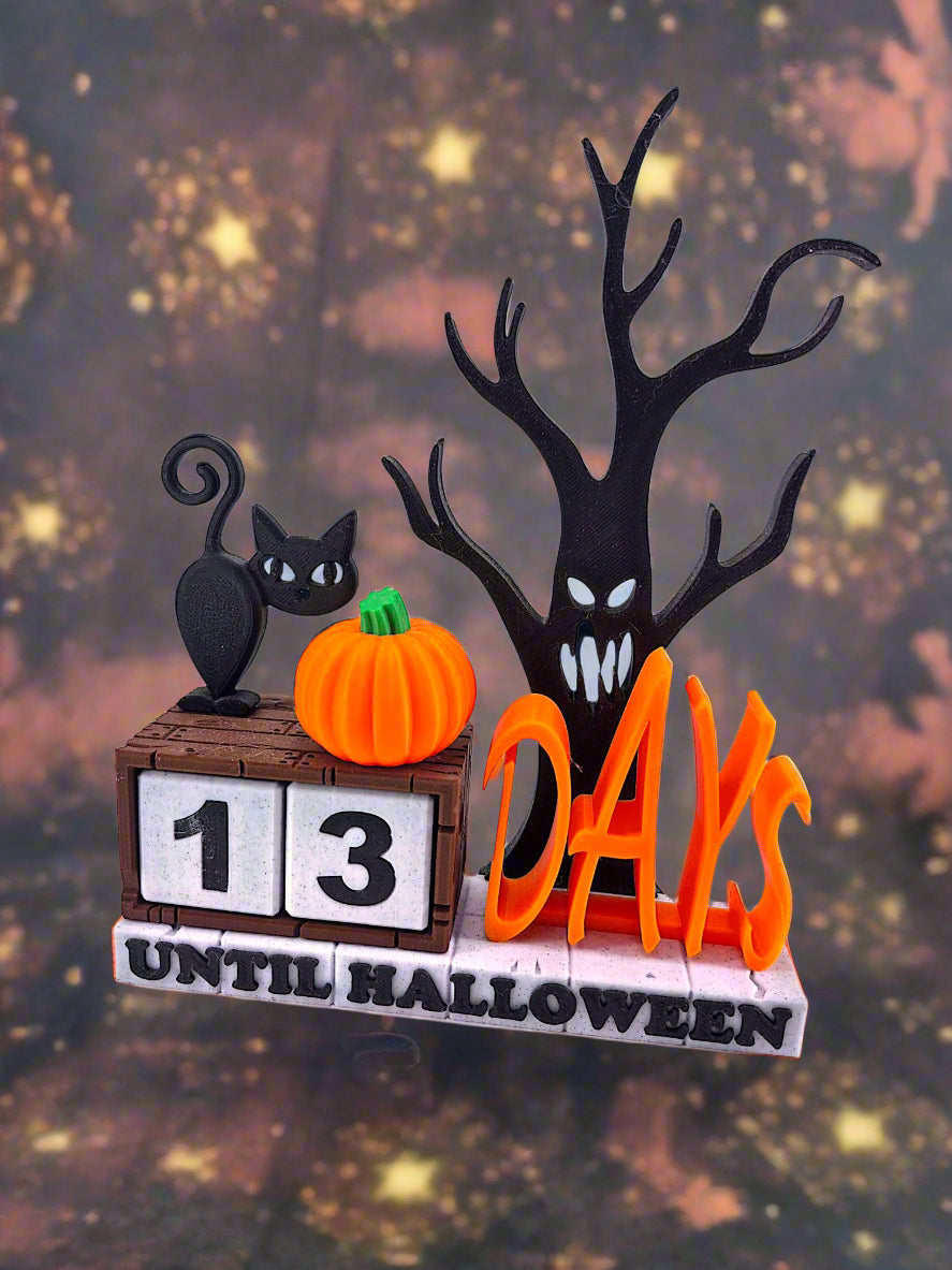 Halloween-themed decorative piece with a black cat, pumpkin, and tree
