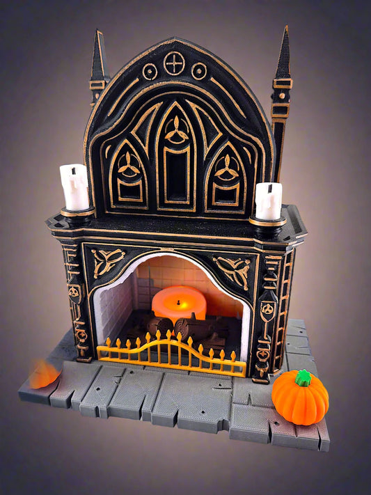 Gothic-style fireplace with candles and pumpkins.