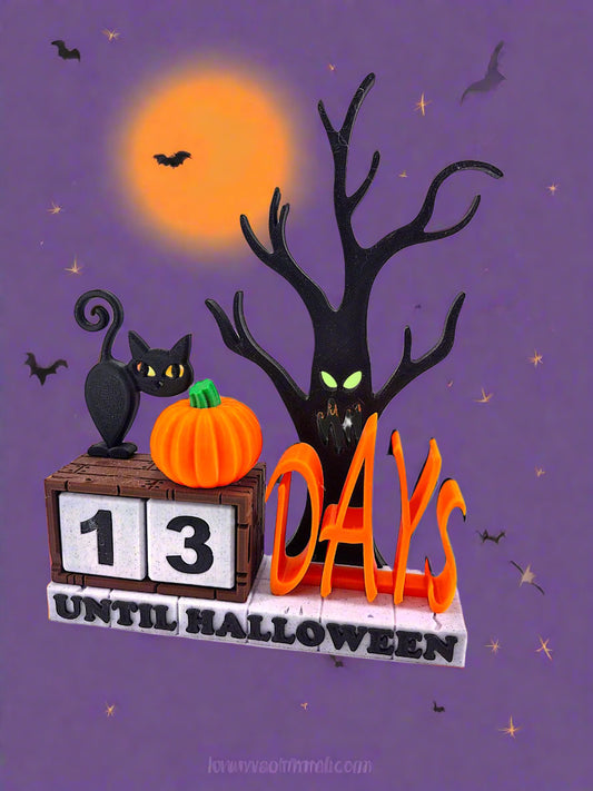 Halloween-themed decorative item with a tree, pumpkin, and black cat